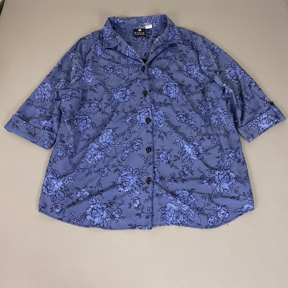 Maggie Barnes Blouse Top Women's Plus Size 3X Blue Floral Button Up Short Sleeve